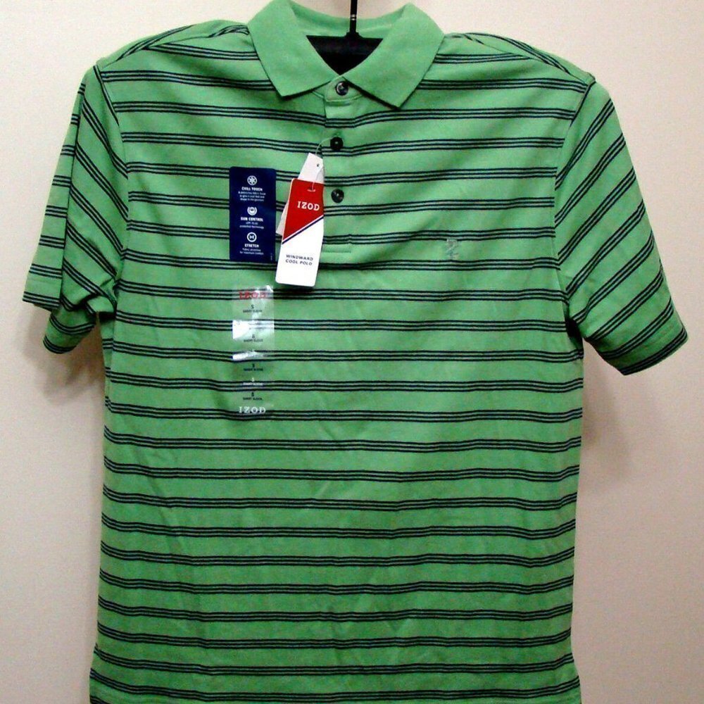 IZOD Seacrest Green Stripe Windward Cool Interlock Sun Control Polo Shirt Small